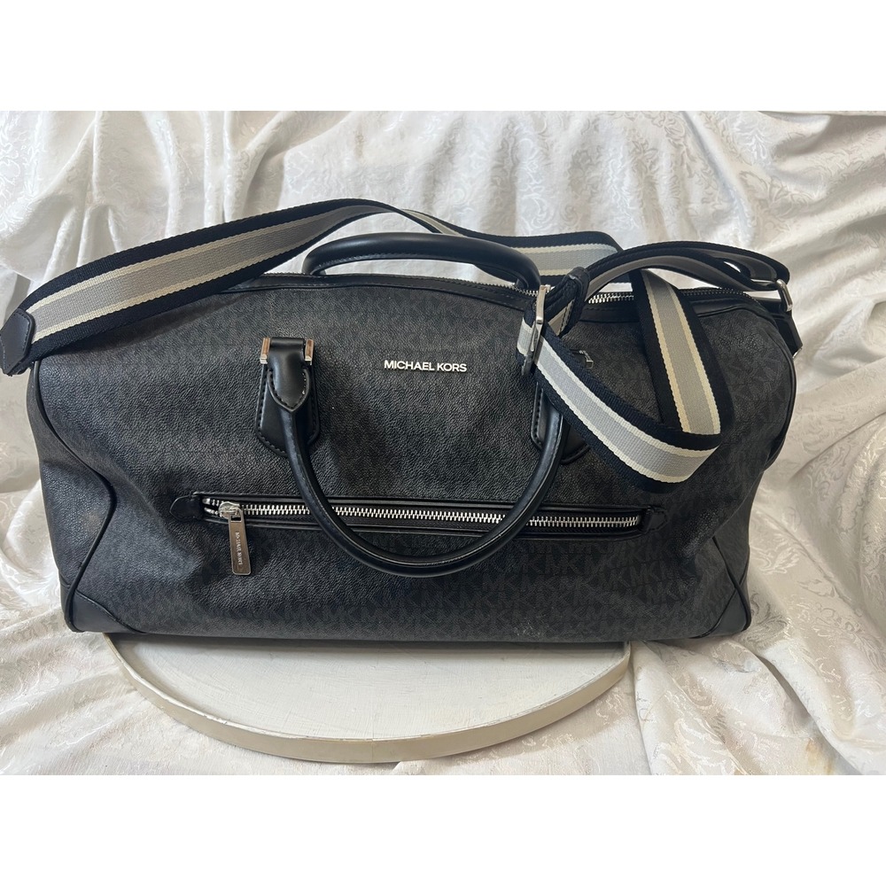 Michael Kors Cooper Signature Logo Duffle Bag Black Grey Weekender Travel Bag